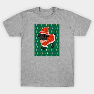 Cute Dog in Winter Christmas Tree Sweater and Red Hat T-Shirt